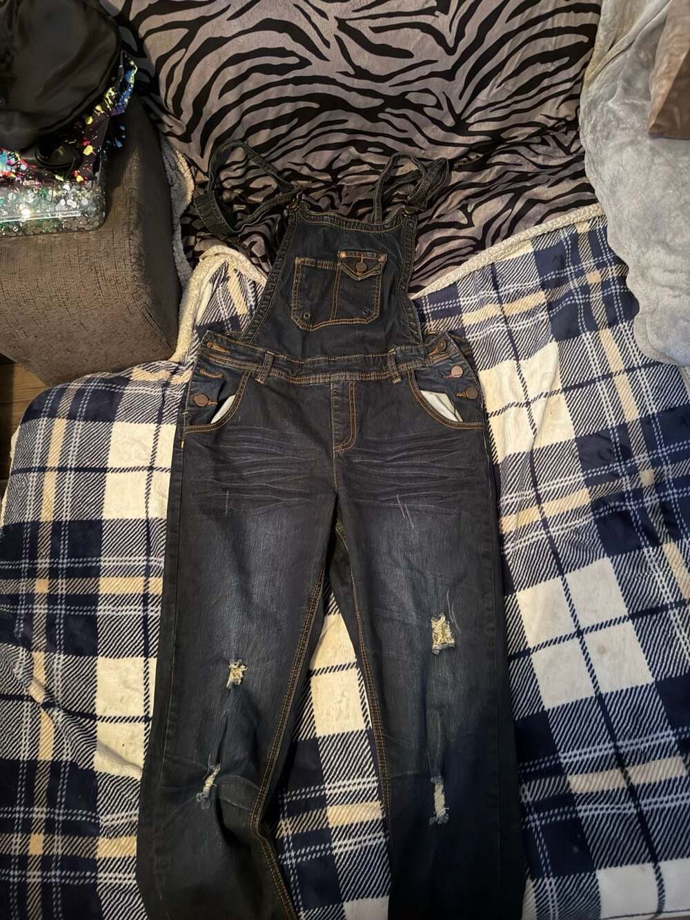 YDX Juniors Distressed Skinny Denim Overalls in Dark Wash